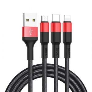 Кабель Hoco X26 Xpress 3in1 USB - (Lightning+MicroUSB+Type-C) 2.0A/1m (Чорно-червоний)