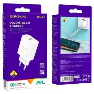 Мережевий Зарядний Пристрій Borofone BA55A (PD/QC3.0) 1Type-C/1USB/2.4A/20W (Білий)