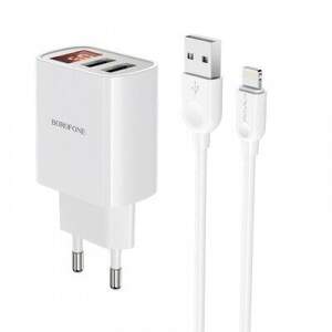 Мережевий Зарядний Пристрій Borofone BA58A Digital Display 2USB/2.4A + Lightning (Бiлий)