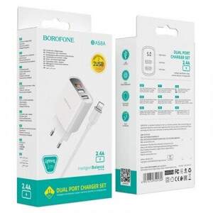 Мережевий Зарядний Пристрій Borofone BA58A Digital Display 2USB/2.4A + Lightning (Бiлий)